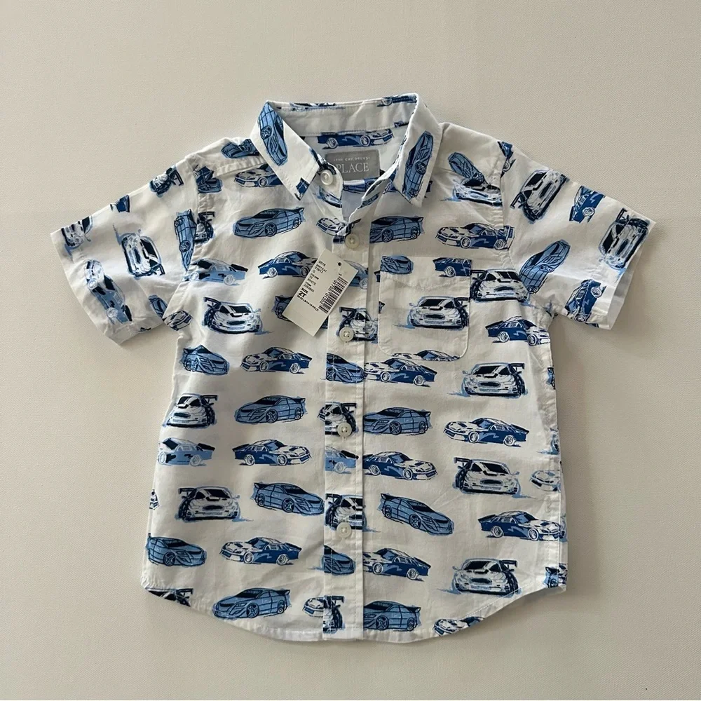 The Children's Place 2T Toddler Boy White Button-Down Shirt Race Car Print NWT